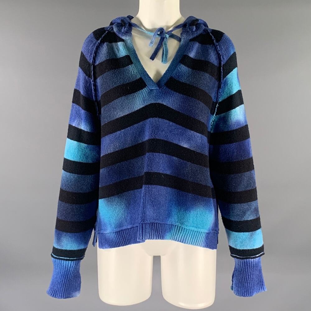RAQUEL ALLEGRA Size S Blue Black Wool Blend Stripe Hooded Pullover